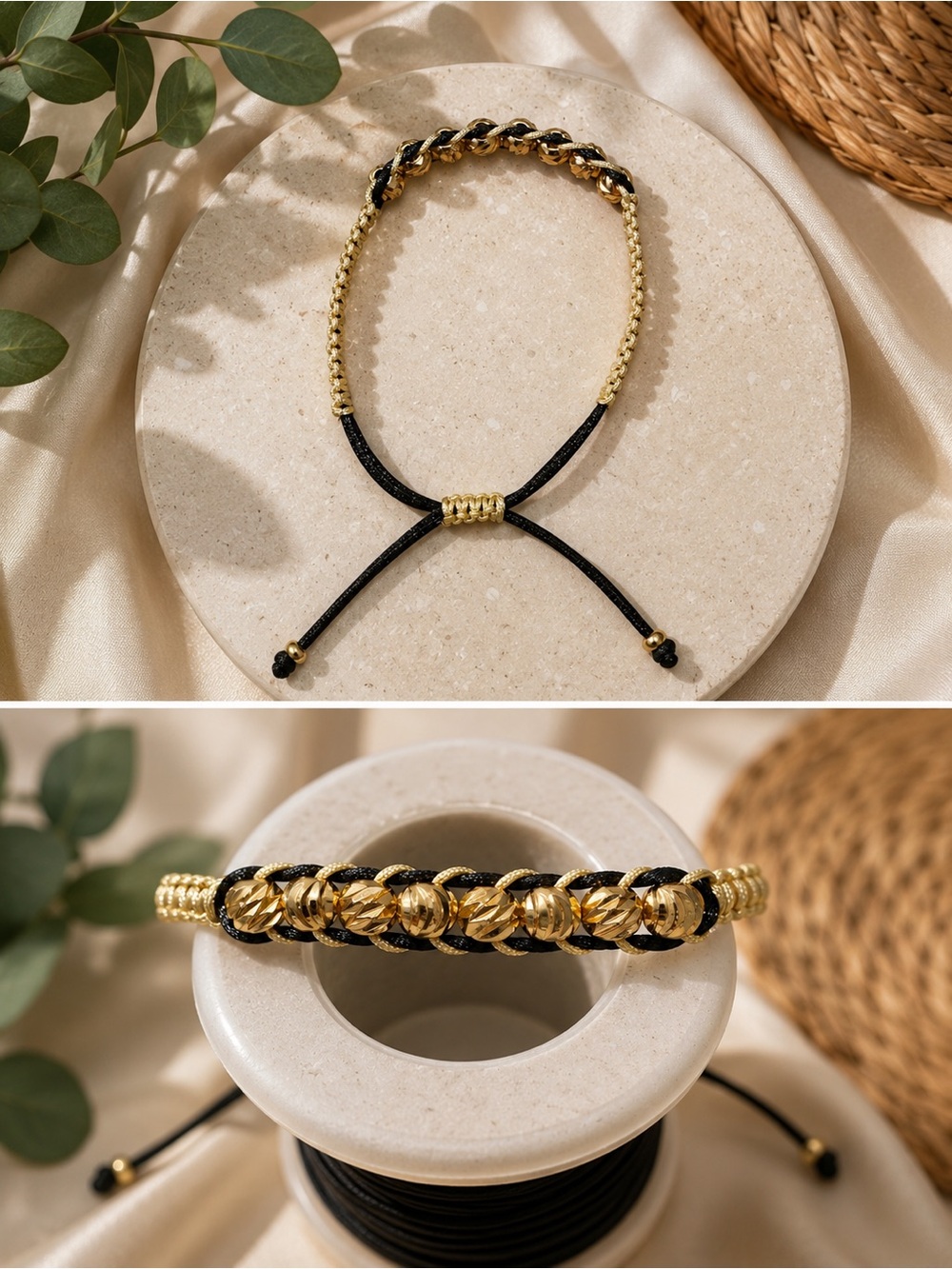 Black and Gold Adjustable Braided Bracelet with 6MM Gold Plated Beads